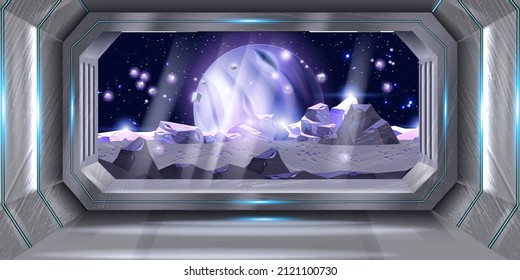 Space ship interior, vector spacecraft station window view, alien planet surface background, stars. Shuttle corridor futuristic game banner, silver wall, neon light, asteroid rocks. Space ship cockpit