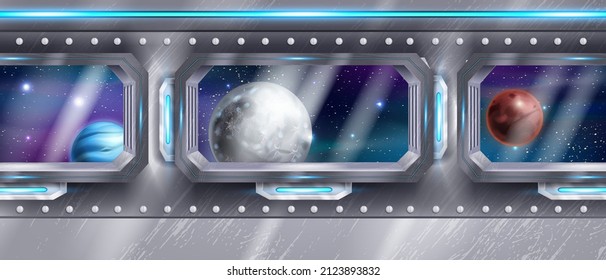 Space Ship Interior, Vector Spacecraft Window View, Corridor Inside Future Station, Alien Planet, Stars. Fantasy Cosmos Science Game Background, Shuttle Iron Wall, Sky. Space Ship Indoor Illustration