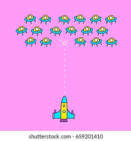 Space ship invaders shooting game. Vector cartoon style illustration. 