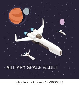 Space ship isometric composition with flying military scouts 3d vector illustration