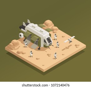 Space ship isometric composition with isometric images of astronauts and drones on planetary surface with shadows vector illustration