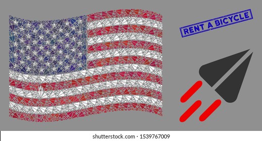 Space ship items are grouped into USA flag abstraction with blue rectangle distressed stamp watermark of Rent a Bicycle phrase.