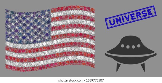 Space ship items are grouped into USA flag stylization with blue rectangle rubber stamp seal of Universe text. Vector collage of USA waving state flag is constructed with space ship items.