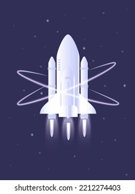 Space ship launch in dark blue sky. Rocket vector illustration