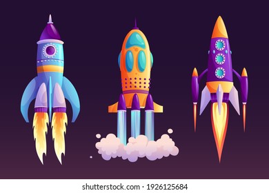 Raumschiff-Start, Rakete mit Feuerspur und Rauch isolierten Cartoon-Set. Vektorstart des Unternehmens oder neues Projektsymbol, Booster im Flug. Start von Raketen, Raumfahrzeugen und Wolken