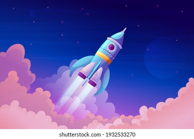 Space ship launch, rocket with fire trace and smoke in blue sky atmosphere. Vector takeoff of rocketship, flaming spacecraft and pink clouds. Booster in flight, symbol of business or new project start