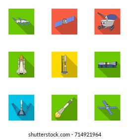 Space ship, Lunokhod, spacesuit and other equipment. Space technology set collection icons in flat style vector symbol stock illustration web.