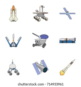 Space ship, Lunokhod, spacesuit and other equipment. Space technology set collection icons in cartoon style vector symbol stock illustration web.