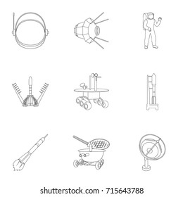 Space ship, Lunokhod, spacesuit and other equipment. Space technology set collection icons in outline style vector symbol stock illustration web.