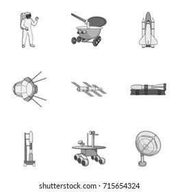 Space ship, Lunokhod, spacesuit and other equipment. Space technology set collection icons in monochrome style vector symbol stock illustration web.