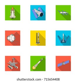 Space ship, Lunokhod, spacesuit and other equipment. Space technology set collection icons in flat style vector symbol stock illustration web.