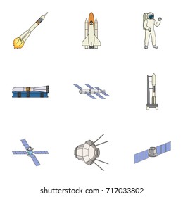 Space ship, Lunokhod, spacesuit and other equipment. Space technology set collection icons in cartoon style vector symbol stock illustration web.