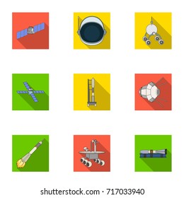 Space ship, Lunokhod, spacesuit and other equipment. Space technology set collection icons in flat style vector symbol stock illustration web.