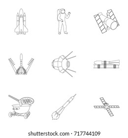 Space ship, Lunokhod, spacesuit and other equipment. Space technology set collection icons in outline style vector symbol stock illustration web.