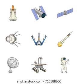 Space ship, Lunokhod, spacesuit and other equipment. Space technology set collection icons in cartoon style vector symbol stock illustration web.