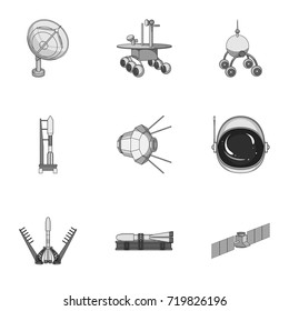 Space ship, Lunokhod, spacesuit and other equipment. Space technology set collection icons in monochrome style vector symbol stock illustration web.