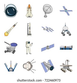 Space ship, Lunokhod, spacesuit and other equipment. Space technology set collection icons in cartoon style vector symbol stock illustration web.