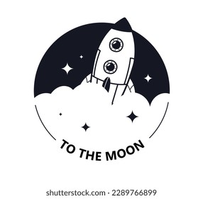 Space ship minimalist sticker. Rocket flies up against background of stars. Journey to moon. Astrology and astronomy. Poster or banner for website. Cartoon flat vector illustration