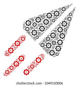 Space Ship mosaic of cog wheels. Vector gear pictograms are organized into space ship composition.