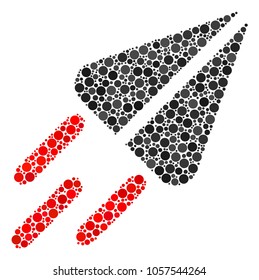 Space Ship mosaic of round dots in variable sizes and color tones. Circle dots are combined into space ship vector mosaic. Vector illustration.