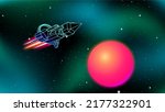 Space ship near the red sun retro sci-fi illustration. 80s styled universe with nebula and arcade wireframe spacecraft
