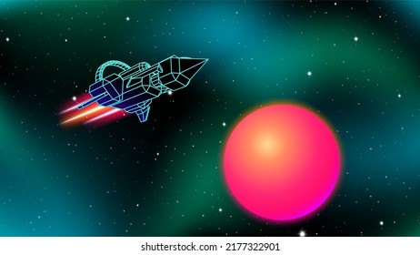 Space ship near the red sun retro sci-fi illustration. 80s styled universe with nebula and arcade wireframe spacecraft