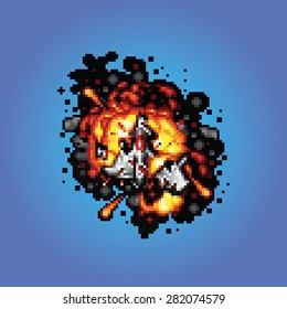 space ship on fire pixel art style retro illustration