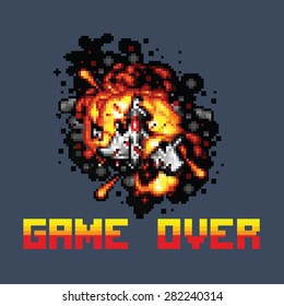 space ship on fire pixel game over message pixel art style retro illustration