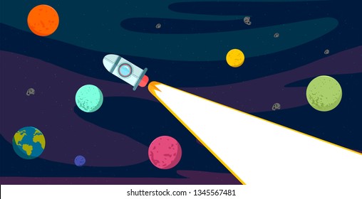 space ship in outer space vector illustration. rocket and planets