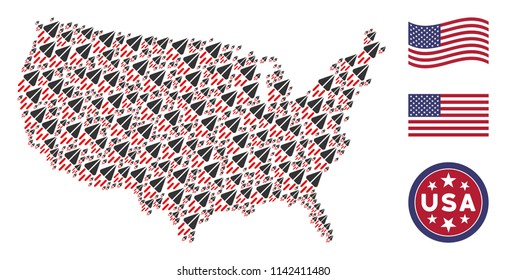 Space ship pictograms are composed into USA map collage. Vector collage of American geographical scheme is organized of space ship items. Designed for political and patriotic purposes.