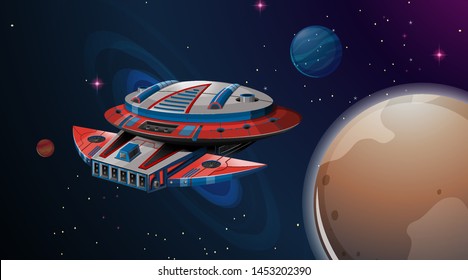 Space ship planet scene illustration