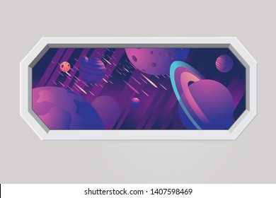 Space Ship Porthole. Futuristic Window With Galaxy Sky, Stars And Planet. Rocket Vector Interior. Cosmic Travel Background.