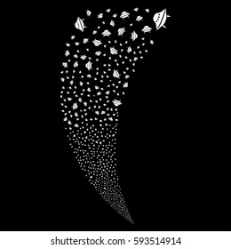 Space Ship random fireworks stream. Vector illustration style is flat white iconic symbols on a black background. Object fountain organized from scattered icons.