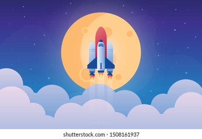 space ship rocket across the cloud sky vector design illustration