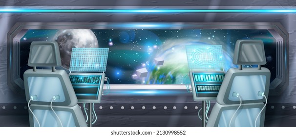 Space ship rocket cockpit interior, computer control panel, vector background, astronaut pilot chair. Spacecraft shuttle room, Earth planet window view futuristic cabin, console monitor. Space cockpit