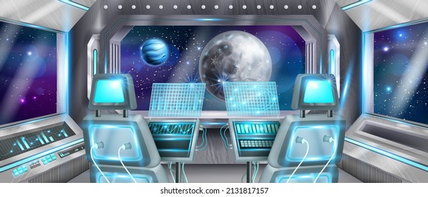 Raumschiff-Raketencockpit-Inneneinrichtung, Astronautenstuhl, Vektorhintergrund, Computersteuerung. Moon Planet Fenster Blick futuristische Kabine, Raumschiff Shuttle-Raum, Konsolenmonitor. Weltraumcockpit