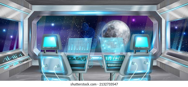 Space Ship Rocket Cockpit Interior, Computer Control Panel, Astronaut Pilot Chair Vector Background. Spacecraft Shuttle Room, Console Monitor, Moon Planet Window Futuristic Cabin View. Space Cockpit