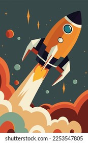Space ship Rocket launch in the sky flying over clouds flat color vector illustration