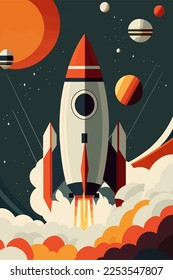 Space ship Rocket launch in the sky flying over clouds flat color vector illustration