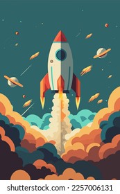 Space ship Rocket launch in the sky flying over clouds flat color vector illustration