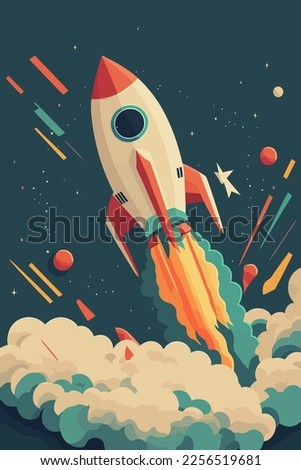 Space ship Rocket launch in the sky flying over clouds flat color vector illustration