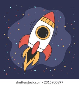 El concepto de estilo de arte de la línea de la luna es el lanzamiento de la nave espacial con cohetes espaciales. Ilustración del diseño gráfico del vector