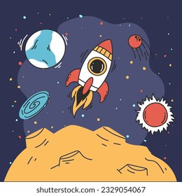 Space ship rocket launch spaceship on moon line art style concept. Vector graphic design illustration
