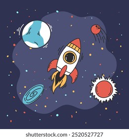 Space ship rocket launch spaceship on moon line art style concept. Vector graphic design illustration