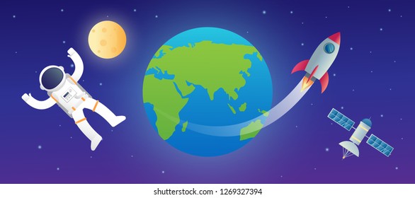 space ship rocket object icon vector design illustration. moon and satellite orbiting planet earth. astronaut.