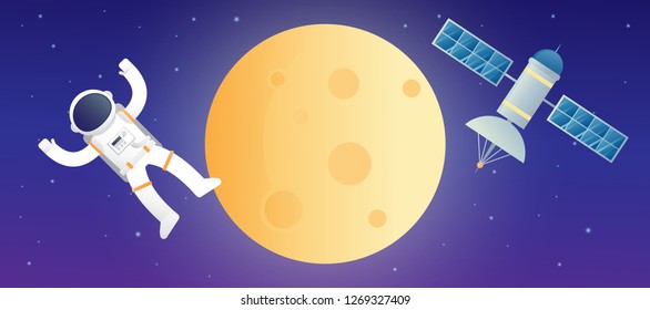 space ship rocket object icon vector design illustration. moon and satellite orbiting planet earth. astronaut.
