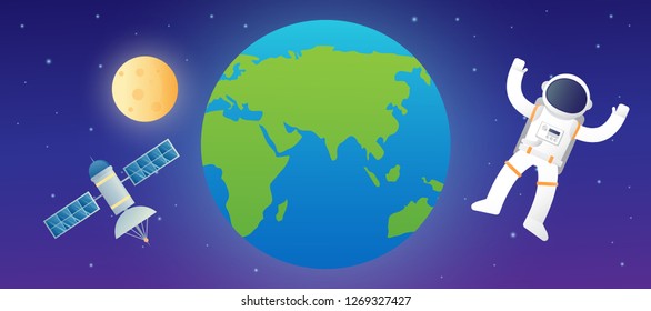 space ship rocket object icon vector design illustration. moon and satellite orbiting planet earth. astronaut.