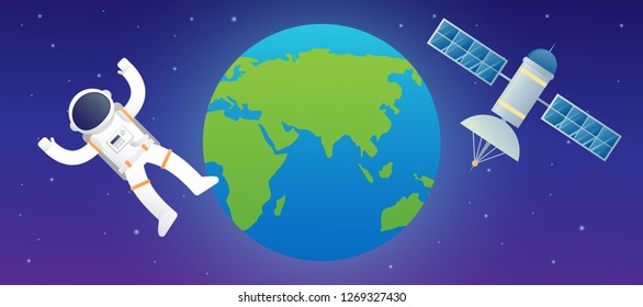 space ship rocket object icon vector design illustration. moon and satellite orbiting planet earth. astronaut.