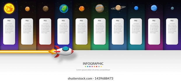 Space ship, rocket or plane red - white color launch to the solar system in the universe and flying to the asteroids. infographic template of vector illustration paper art concept.