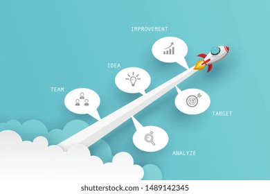 Buque espacial, cohete o plano rojo - color blanco lanza al sistema solar en el cielo sobre fondo verde. Infografía de la plantilla de negocio de la ilustración vectorial de papel concepto de arte.